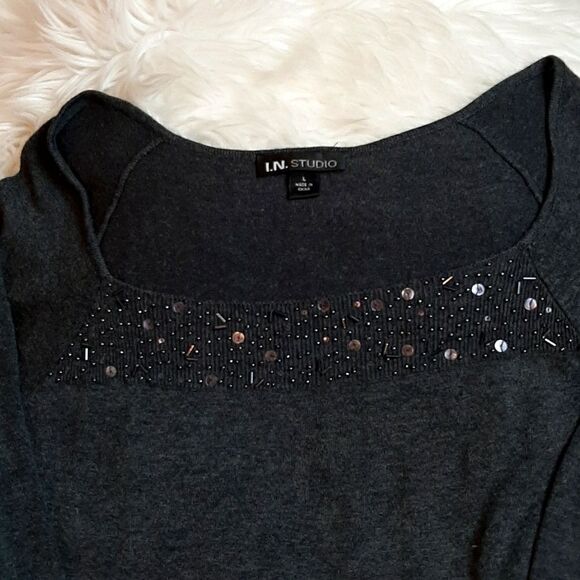 IN STUDIO Gray Beaded Black‎ Sequins Sweater L - Picture 2 of 6